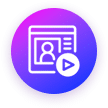 A circular icon with a gradient purple and blue background. It features a white outline of a webpage with a user profile and a play button at the bottom right.