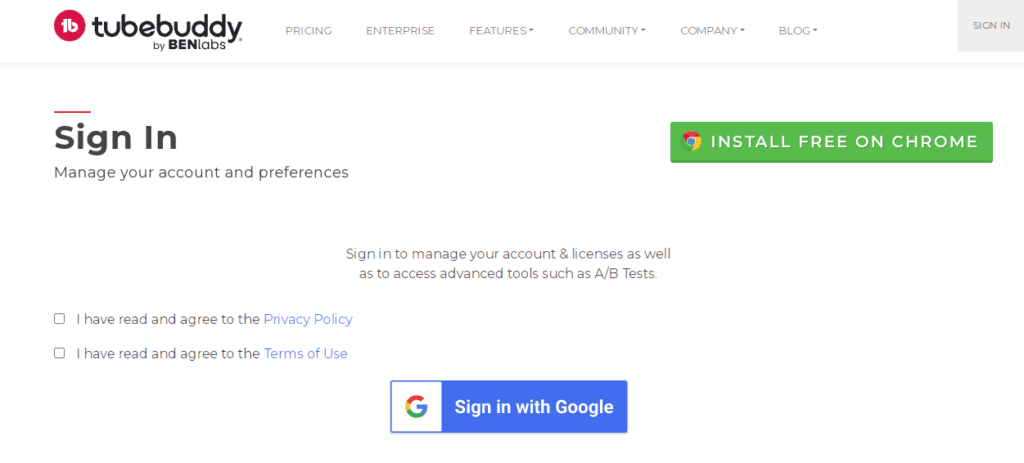 TubeBuddy Sign in Page