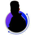 Silhouette of a person with a tall hairstyle against a purple and blue gradient circular background, reminiscent of a video editing service logo, featuring a decorative arc with dots on its ends.