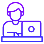 Icon depicting a person engaged in video editing on a laptop. The design is created using simple, bold blue lines. The individual appears to be sitting at a desk in front of the screen.