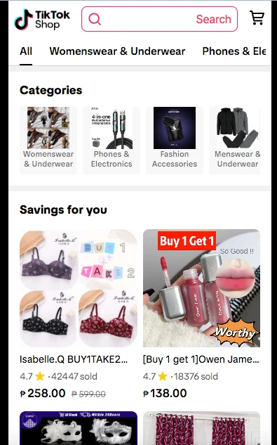 Screenshot of TikTok Shop webpage displaying categories like Womenswear & Underwear, and products including lace bras with a buy one take two offer and nail polish with a buy one get one free offer. Prices are in Philippine Peso.