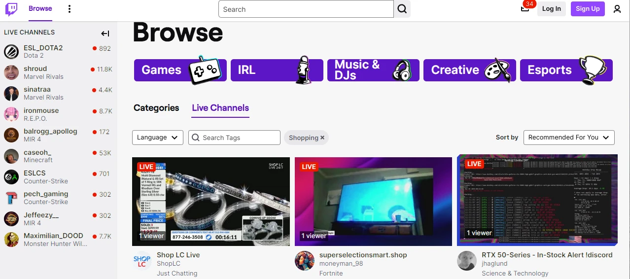 Screenshot of a live streaming platforms browse page showing categories like Games, IRL, Music & DJs, Creative, and Esports. On the left are channel names with viewer counts. Featured streams include shopping and tech-related content.